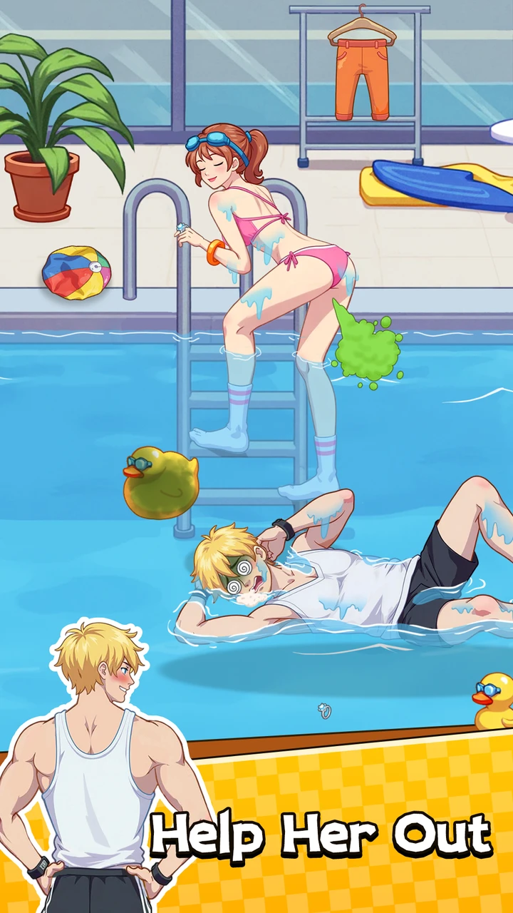 Google Play screenshot showing a woman in poolside danger with surrounding interactive objects.