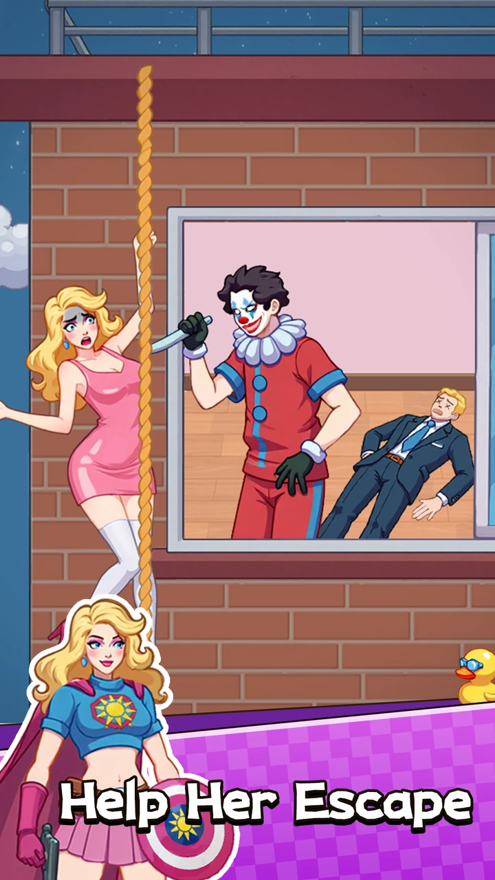 Google Play screenshot showing a woman on a rope beside a brick building and a clown in an upper window.